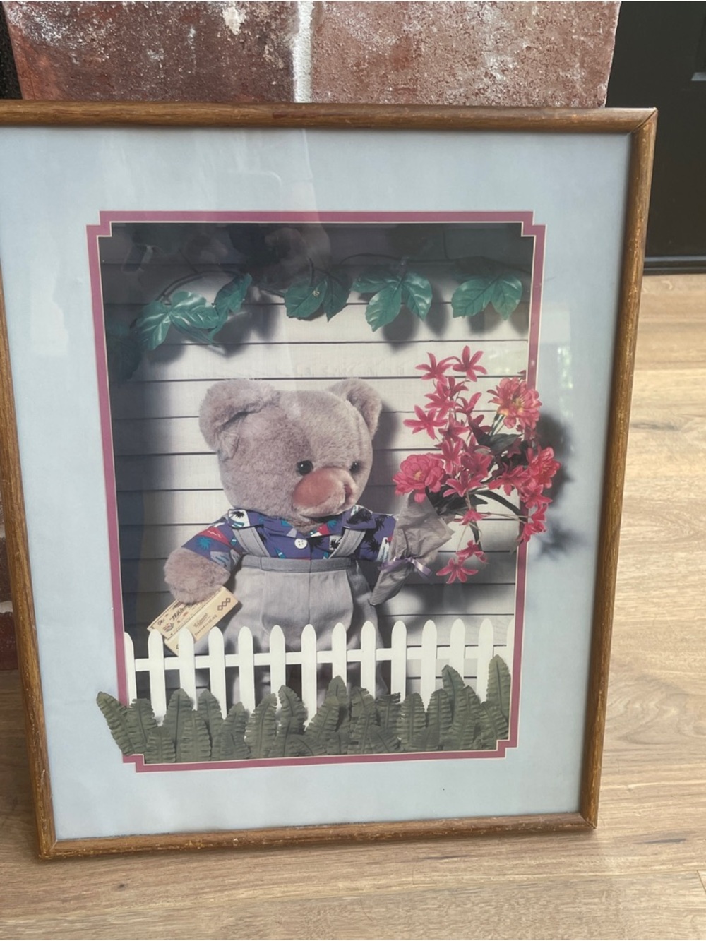 Vintage Framed Teddy Bear Print with Pink Flowers 16.5x20.5”